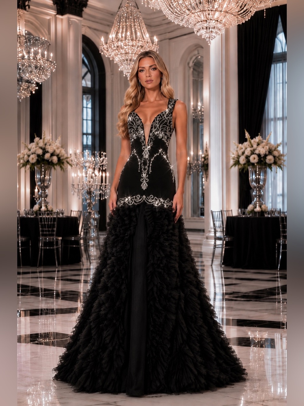 NWT Black Wedding Dress Sz 16 Beaded Mermaid 4 Layers of Tulle Bridal Gown